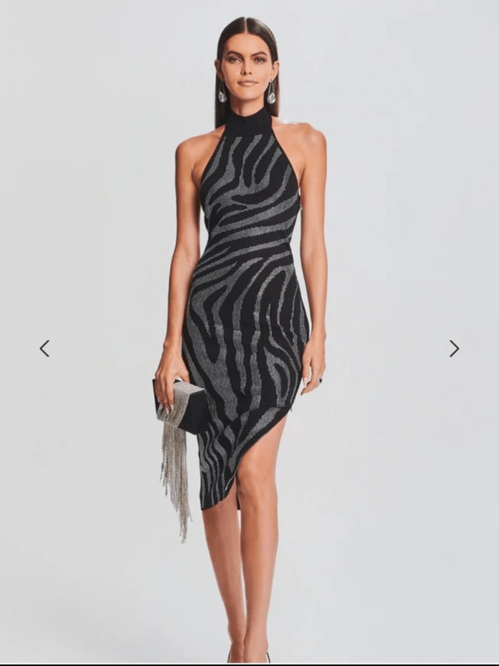 Retrofete Black & Silver Zebra Rhinestone Asymmetrical Halter Dress